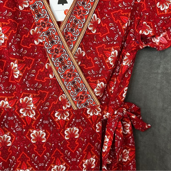 Boho Wrap Dress Red Floral V-Neck Flutter Sleeve Ruffle Hem Cottagecore S FLOWY - Picture 6 of 13